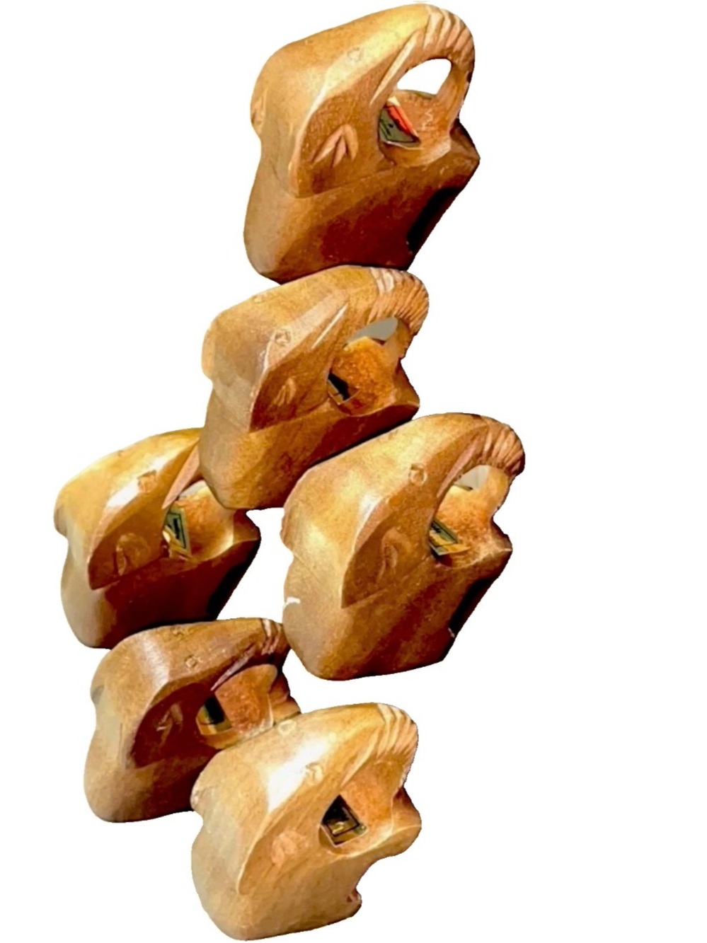 Vintage Hand Carved Wood Elephant Napkin Rings in Holder Set of 6 Philippines